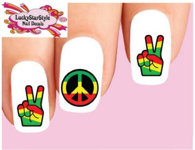 Waterslide Rasta Nail Decals Set of 20 - Jamaica Rastafarian Peace Sign Assorted