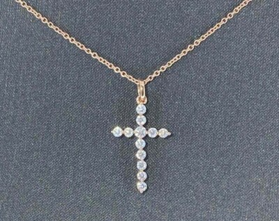 Pre-owned Nsg Solid 925 Silver Rose Gold Plated Lab Grown Diamond Cross Pendant Chain 18" In White