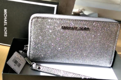 Michael kors silver glitter wristlet deals