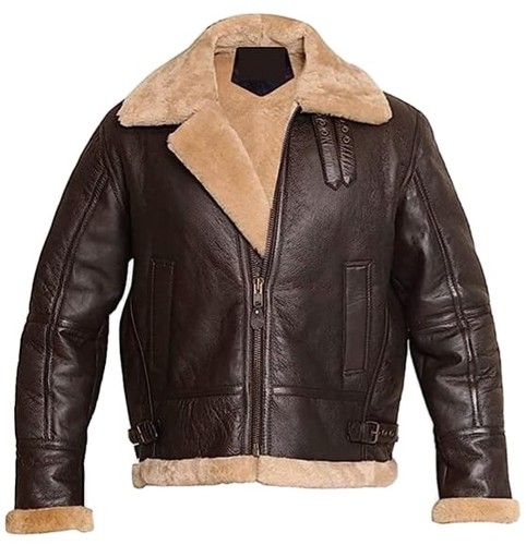 Men's Brown Shearling Genuine Leather Bomber Jacket Small to