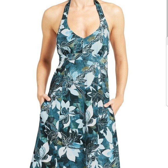 ATHLETA Pack Everywhere Floral Halter Dress Stretch Lightweight Pockets EUC Sz 2