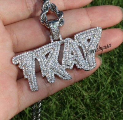Pre-owned Nsg 1.99ct Genuine Moissanite Custom "trap" Layer Name Pendant Rope Chain 925 Silver In White