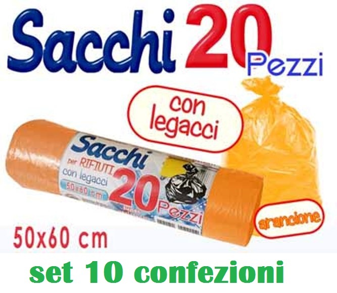 Set 10 Confezioni Di 20 Sacchi Rifiuti Spazzatura Con Legacci 50x60cm Aranci moc