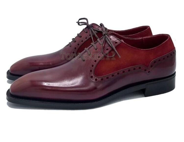 Pre-owned Handmade Men's Leather Oxfords Brogue Stylish Wing Tip Burgundy Dress Shoes-262 In Red