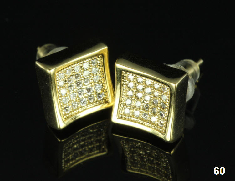 Mens / Ladies 10K Gold Plated Sterling Silver Bling Box Pave CZ Stud Earrings