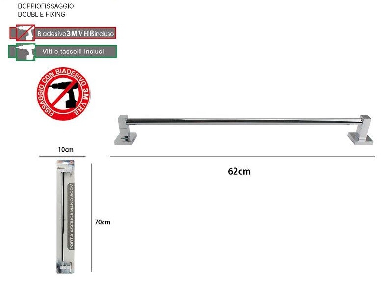 Porta Asciugamani Acciaio Bagno Fissaggio Parete 60cm Square dfh