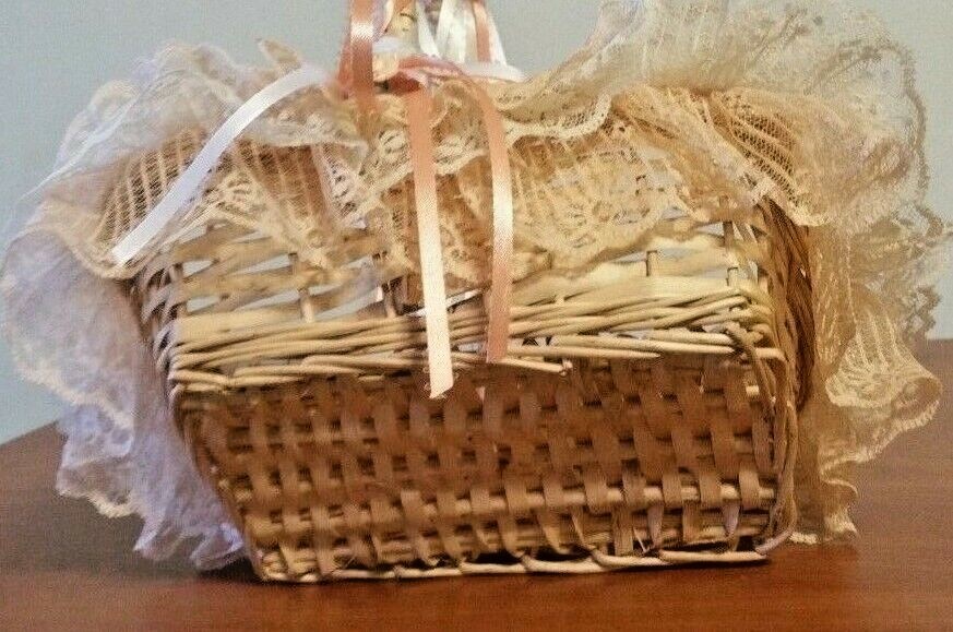 Small Square Wicker Basket With Peach & White Ribbons & 3 Layers of Lace