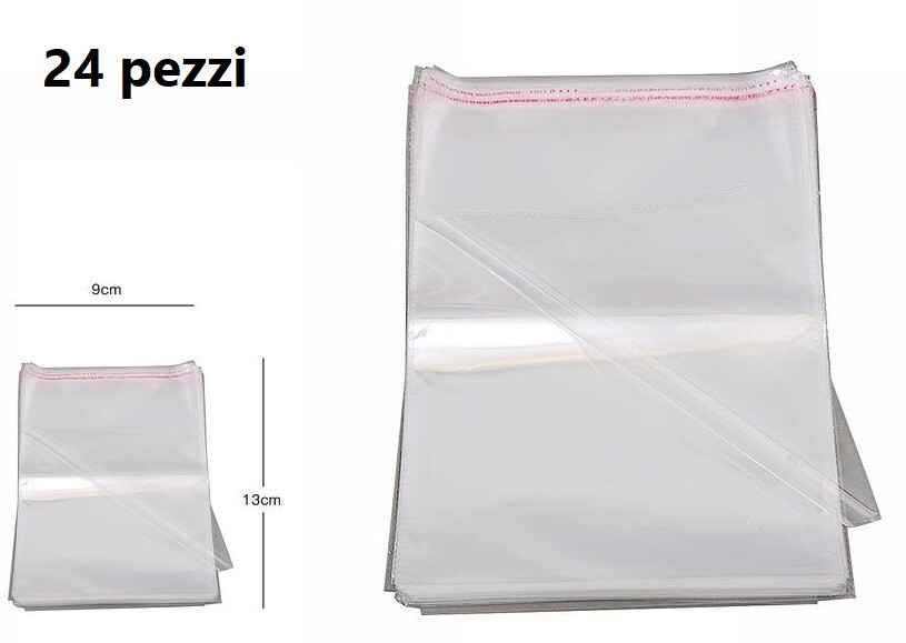 Set 24 Sacchetti Trasparenti Plastica Buste Cellophane Autoadesiva 9x13cm dfh