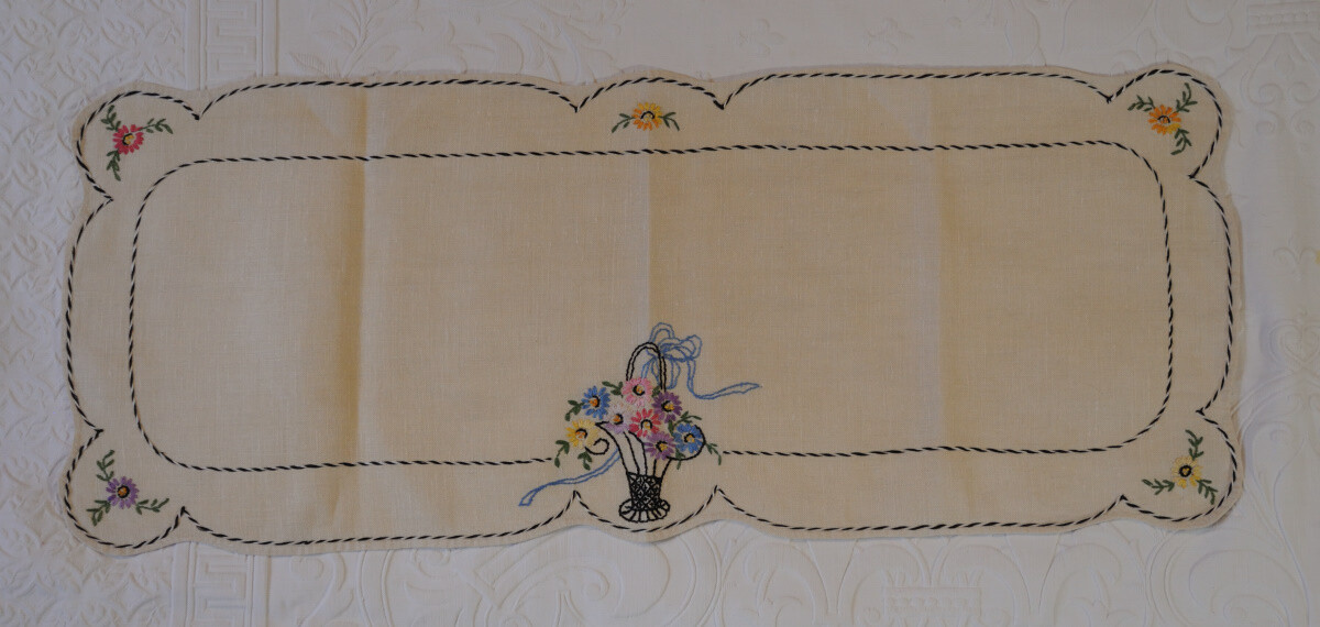 Vintage Linen Table Runner Hand Embroidered Flower Basket