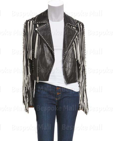 Pre-owned Handmade Grey Color Classical Genuine Leather Jacket Silver Studded & Fringes Men-165