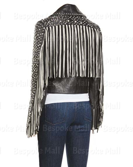 Pre-owned Handmade Grey Color Classical Genuine Leather Jacket Silver Studded & Fringes Men-165