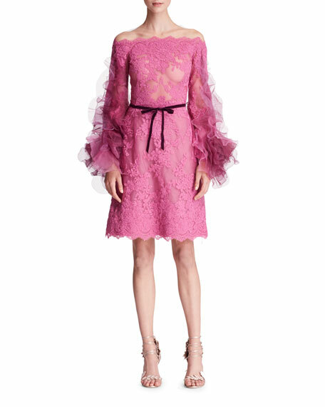 Pre-owned Marchesa Couture $2495  Corded Lace Cocktail Dress Bow Rose Pink Azalea 2 4 10