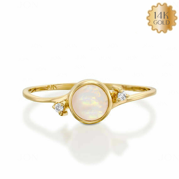 14K Yellow Gold Natural Opal Gemstone Diamond Cocktail Ring Handmade Jewelry NEW