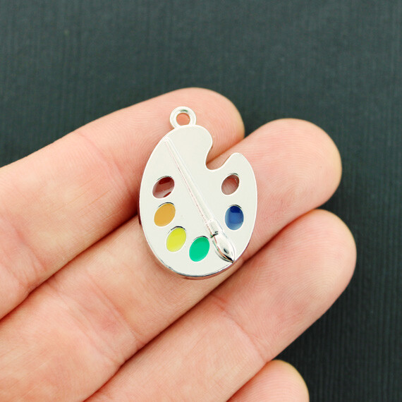 Paint Pallet Charm Silver Tone with Rainbow Enamel Large Size