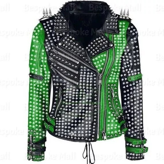 Pre-owned Brando Mens Two Tone  Green & Black Studded Punk Rock Spikes Biker Leather Jacket