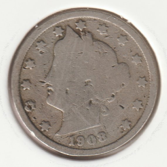 Rare 118 Year Old 1908 Barber Liberty V Nickel US Collection Coin USA Lot: D42
