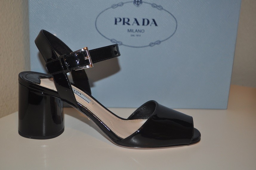 Pre-owned Prada Round Heel Ankle Strap Slingback Sandal Shoe 36 - 5.5 Black Patent