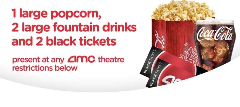 🔥 60 Min DELIVERY🔥2 AMC Black Movie Ticket, 2 Large Drink & 1 Large Popcorn