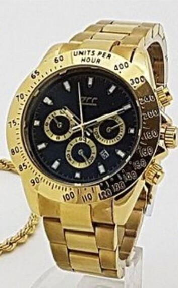 Orologio Polso ZCC 1429 Uomo Quarzo Data Elegante Dorato Quad Nero lac