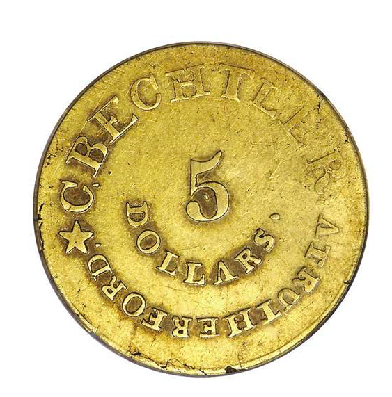 C Bechtler $5 PCGS AU50 140 Grains 20 Carat