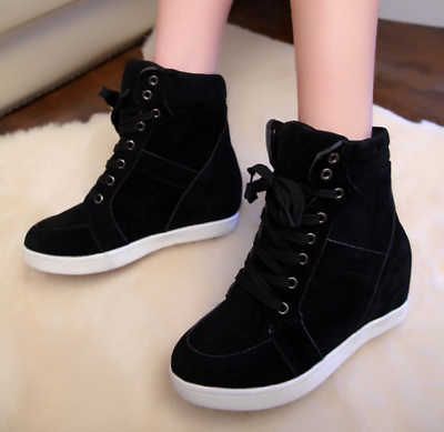 Fashion Women's Wedge Sneakers Hidding Heels Black Red High Top