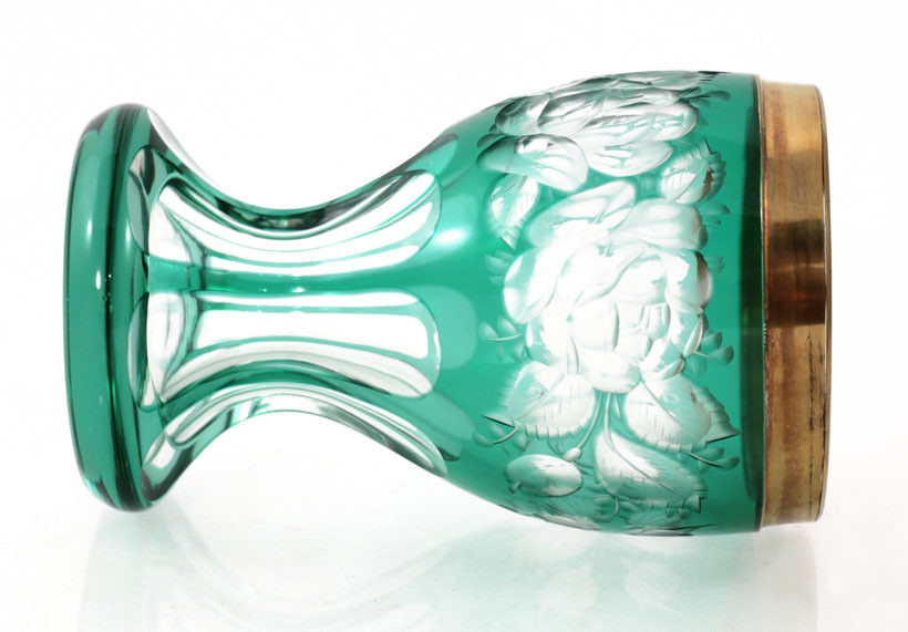 Vintage Bohemian/German deep green cut to clear heavy goblet, roses [11640]