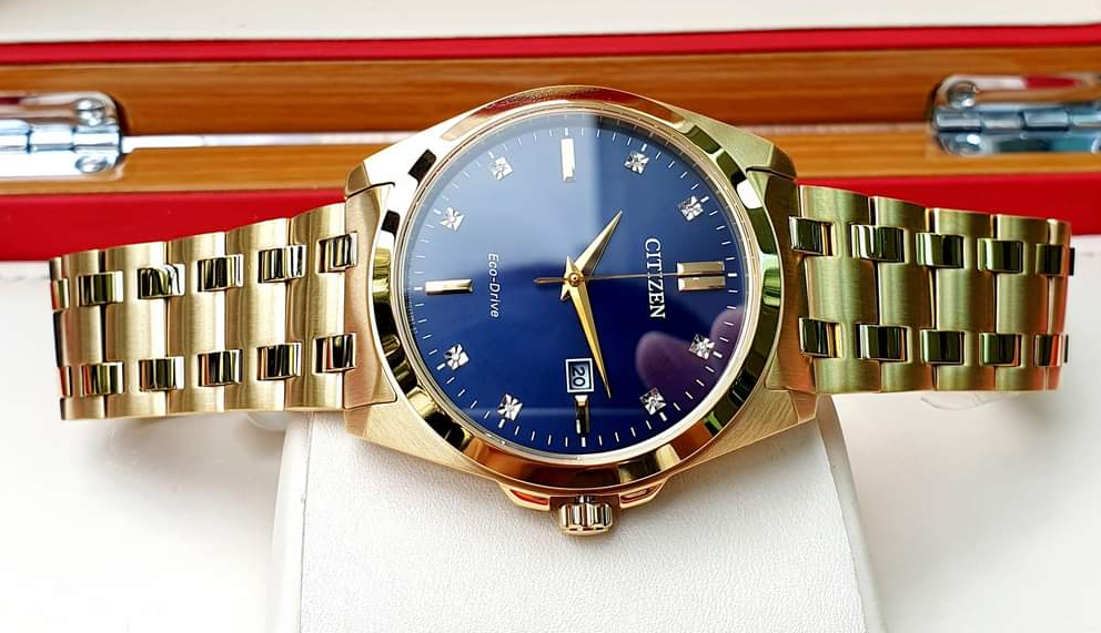 Pre-owned Citizen Peyten Eco-drive Blue Dial Gold Tone Sapphire Crystal Watch Bm7103-51l