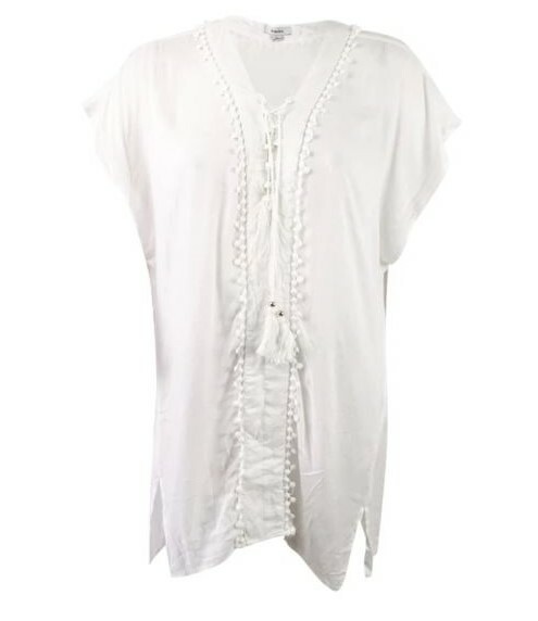 Raviya 140774 Womens Solid White Lace-Up Short Sleeve Tunic Dress Size Small