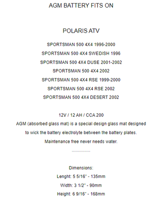 AGM Battery for Polaris Sportsman 500 4X4 1996 1997 1998 1999 2000 2001 2002