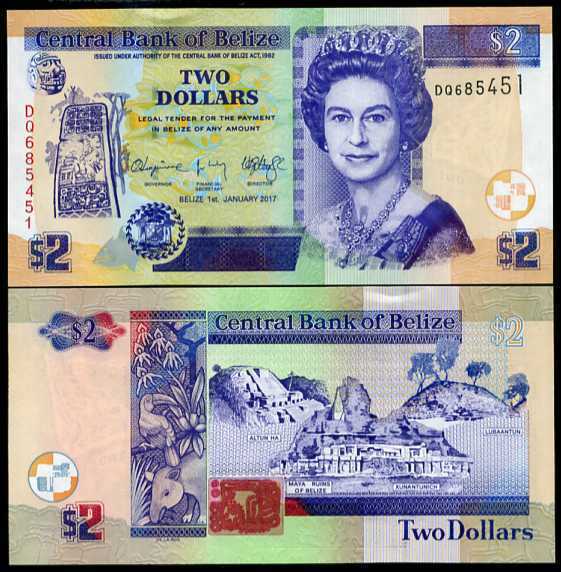 Belize 2 Dollars 2017 P 66 UNC