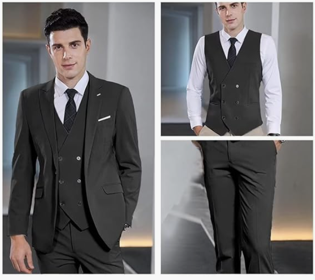 Mens XXL Black 3 Piece Suit Peak Lapel Slim Fit Jacket Vest and Pants WangYue