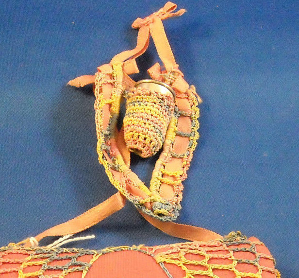 VINTAGE CROCHET COVERED SATIN  PIN CUSHION WITH HEART SHAPED THIMBLE HOLDER