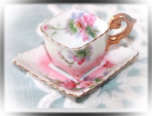 Antique PORCELAIN Delicate TEACUP & SAUCER Demitasse Set Takiro Japan 1.25 X 2.5