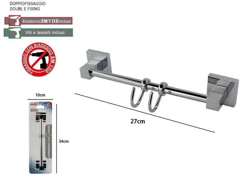 Porta Asciugamani 2 Ganci Appendini Fissaggio a Parete Bagno Square dfh