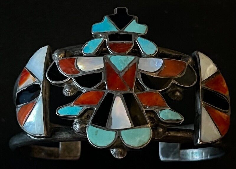 Zuni attr. Frank Vacit Knifewing Bracelet Channel Inlay Turquoise Fine 1930s-40s