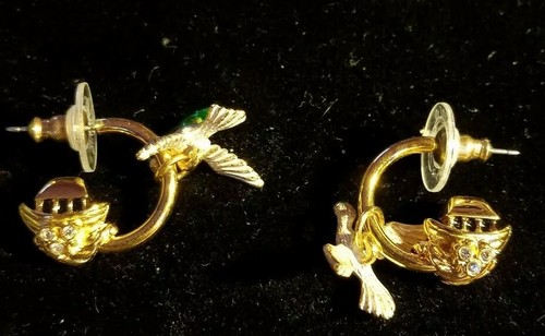 KIRKS FOLLY NOUVEAU  DESIGNER NECKLACE EARRINGS GOLD birds moving