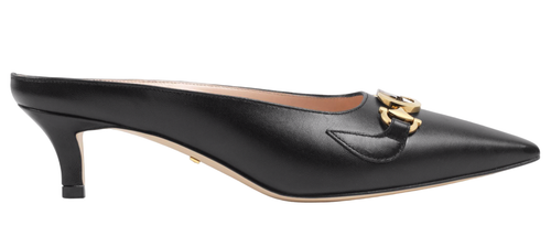 Pre-owned Gucci Zumi Black Leather Silver Gold Gg Kitten Heel Mule Slide Loafer Pump 37
