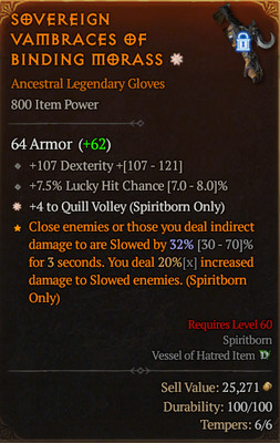 Diablo 4 S6 Softcore 800IP Gloves 1GA to QUILL VOLLEY (dex, lucky hit)
