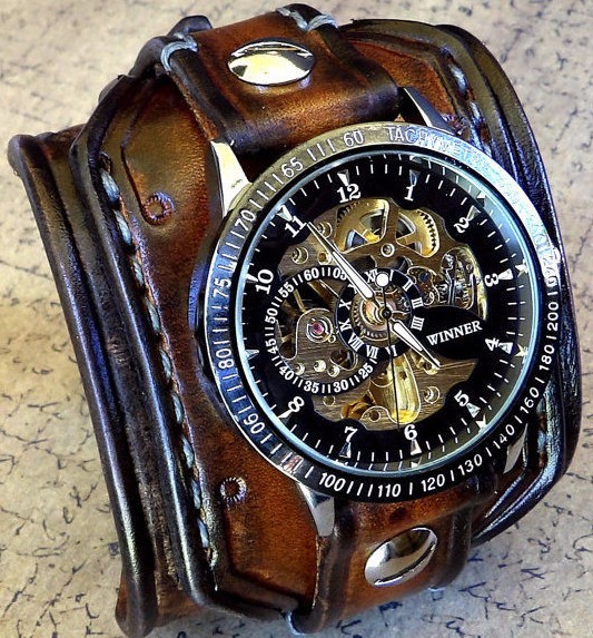 Pre-owned Handmade Steampunk Leather Wrist Watch, Skeleton Men's Watch, Brown Leather Watch Cuff,