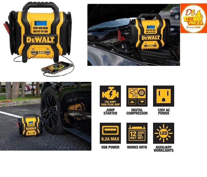 Dewalt 1600 Peak Amp Portable Car Jump Starter/120 Psi Compressor,500w