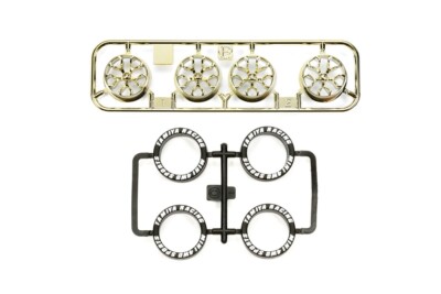 Tamiya MINI 4WD Low-Profile Tire & Gold Plated Wheel Set (Y Spoke) 95527