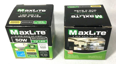(2) MaxLite 50W MR16 7W LED GU5.3 Dimmable Flood Light Bulbs