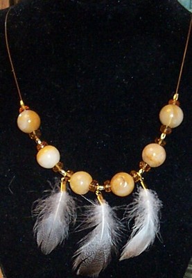 Gold Quartzite Beaded Necklace and  Earrings with Feathers - Handmade