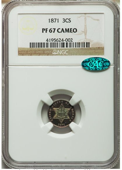 US 3 Cent Silver 1871 NGC PROOF 67 CAMEO CAC, Exquisite Toning !!