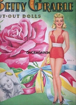 VINTAGE UNCUT 1946 BETTY GRABLE PAPER DOLLS~#1 REPRODUCTION~BEAUTIFUL SET!
