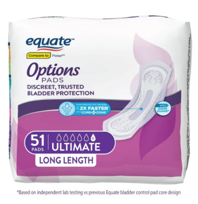 Equate Options Incontinence Pads for Women, Ultimate, Long, 51-102 Count