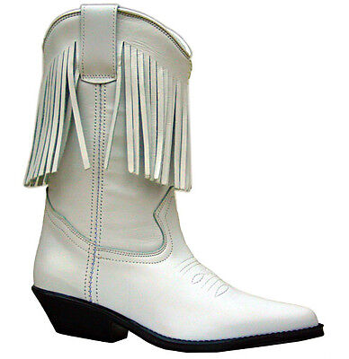 Ladies White Leather Boots Western Fringe Cowboy Cowgirl Tassel Boot Line Dance 
