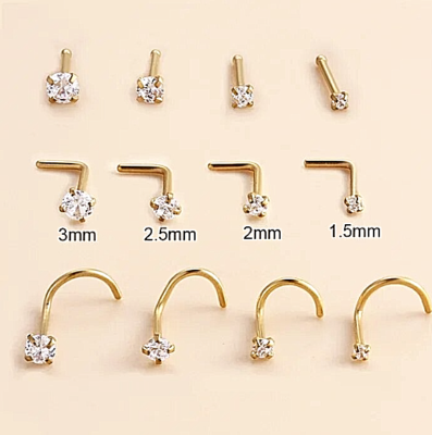 Gold 20g 2mm CZ Gem Straight L Shaped Screw Bone Nose Stud Bar
