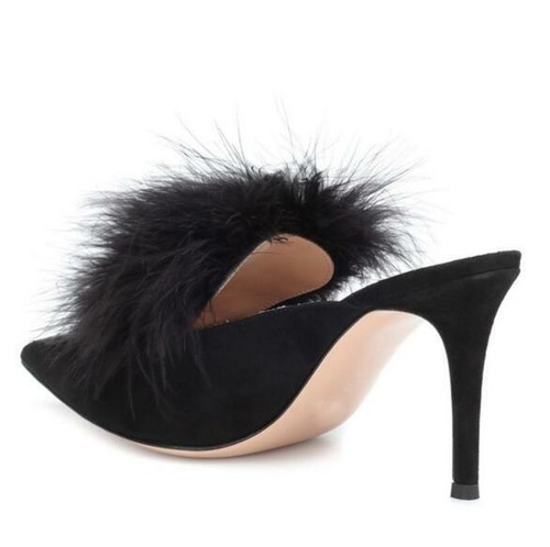 fluffy high heeled black slippers