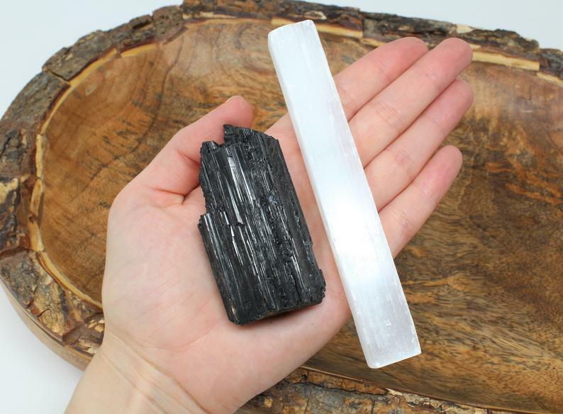 Black Tourmaline Chunk and 1 Selenite Stick 5", High Grade, Selenite Crystal